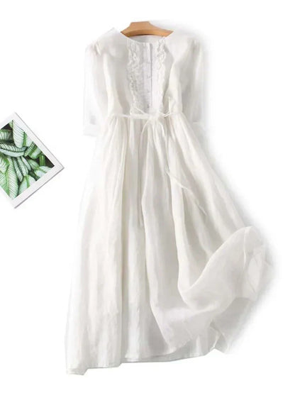 Women’s Midi Dress – A-Line Fit – Cotton Blend – Belted Waist – Ruffle Trim – Button Front