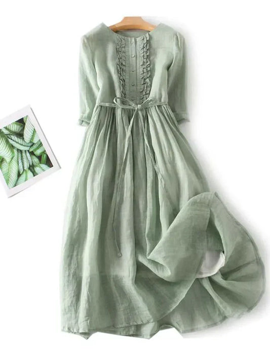 Women’s Midi Dress – A-Line Fit – Cotton Blend – Belted Waist – Ruffle Trim – Button Front