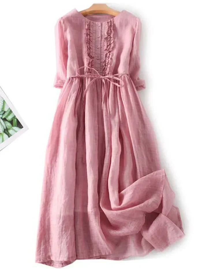 Women’s Midi Dress – A-Line Fit – Cotton Blend – Belted Waist – Ruffle Trim – Button Front