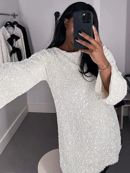 Women’s Mini Dress – Sequin Fabric – Long Sleeve – High Neck – Oversized Fit