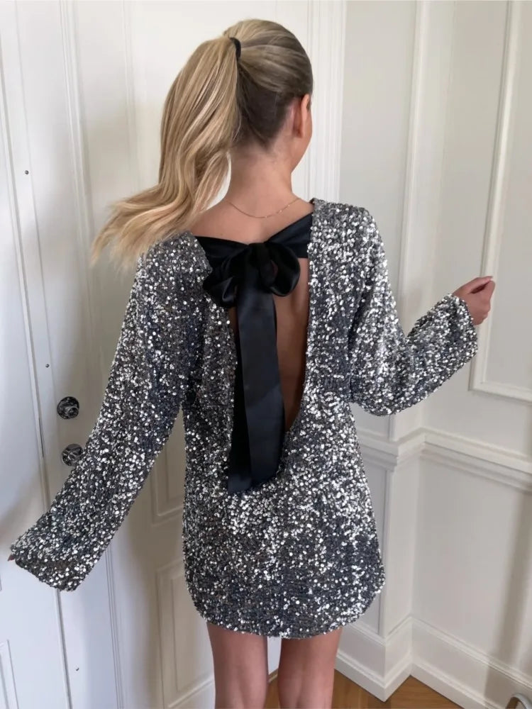 Women’s Mini Dress – Sequin Fabric – Long Sleeve – High Neck – Oversized Fit