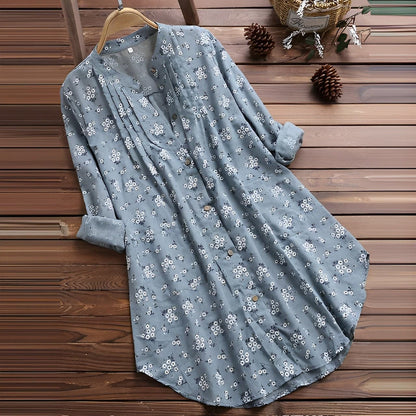 Women’s Blouse – Relaxed Fit – V-Neck – Button Front – Rolled Sleeves – Floral Print