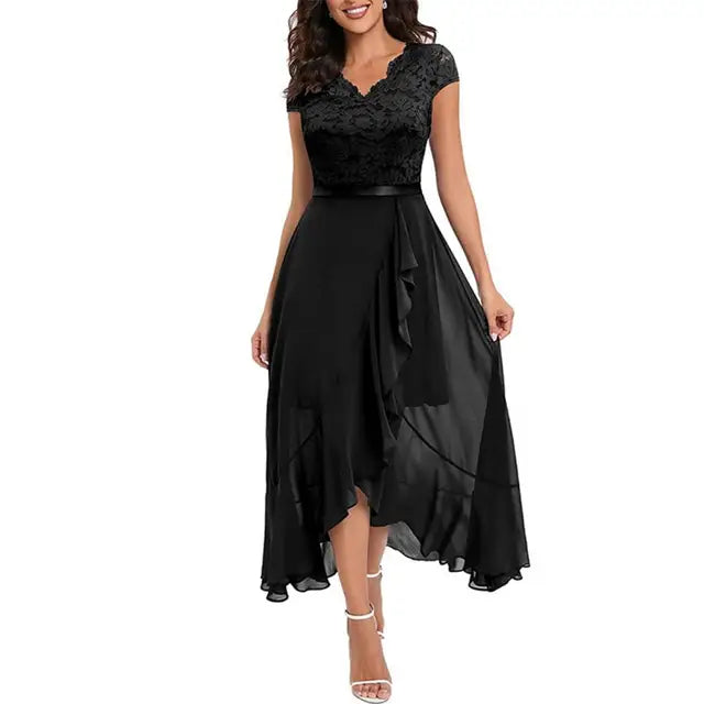 Women’s Evening Dress – Lace Bodice – A-Line Fit – High-Low Hem – Ruffle Skirt