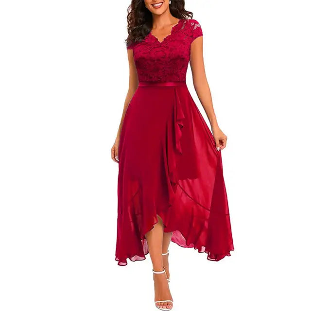 Women’s Evening Dress – Lace Bodice – A-Line Fit – High-Low Hem – Ruffle Skirt