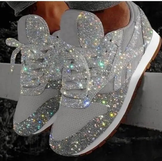 Women’s Casual Sneakers – Glitter Sequin Finish – Low Cut – Lace Up – Sparkling Style