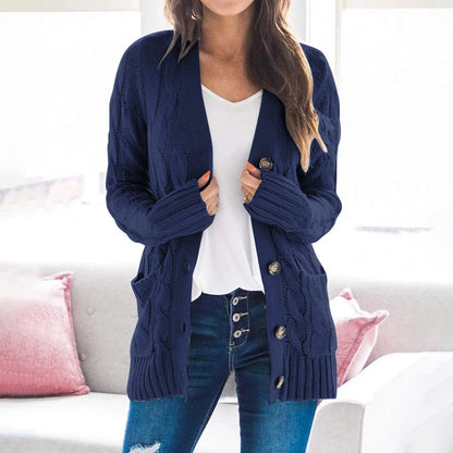 Women’s Long Knitted Vest – Relaxed Fit – Cable Knit – Wool Blend – Button Front
