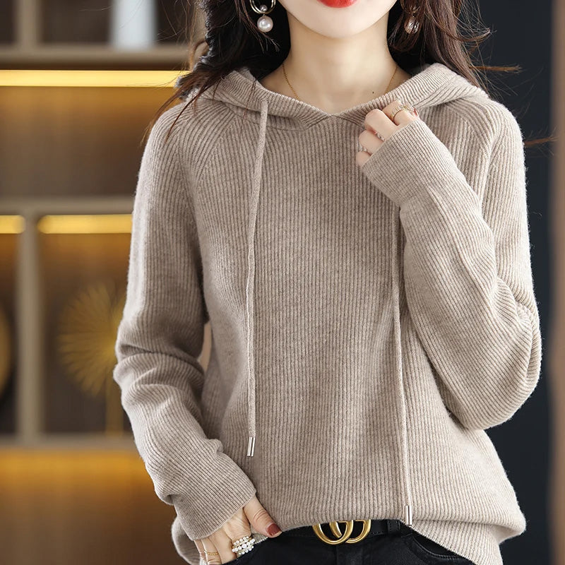 Isla Hooded Sweater | Drawstring Ribbed Raglan Sleeves Sweater