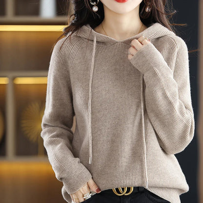 Isla Hooded Sweater | Drawstring Ribbed Raglan Sleeves Sweater