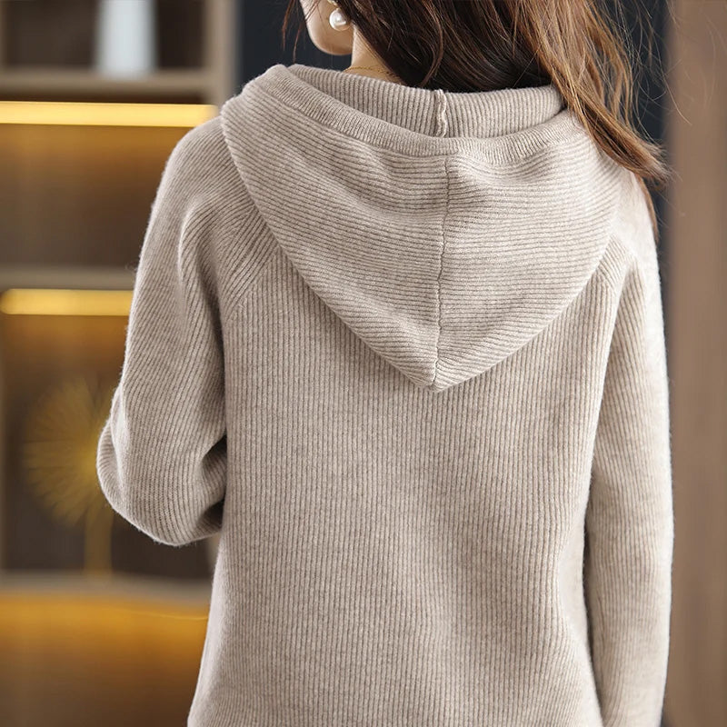 Isla Hooded Sweater | Drawstring Ribbed Raglan Sleeves Sweater