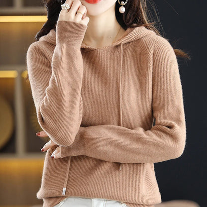 Isla Hooded Sweater | Drawstring Ribbed Raglan Sleeves Sweater