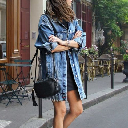Women’s Button-Down Jacket – Oversized Fit – Denim Look – Distressed Hem – Casual Style