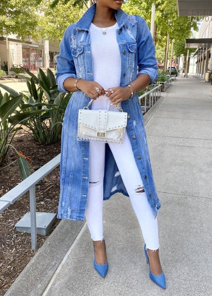 Women’s Button-Down Jacket – Oversized Fit – Denim Look – Distressed Hem – Casual Style