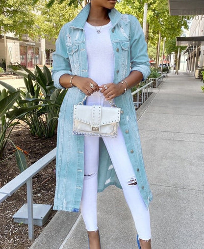 Women’s Button-Down Jacket – Oversized Fit – Denim Look – Distressed Hem – Casual Style