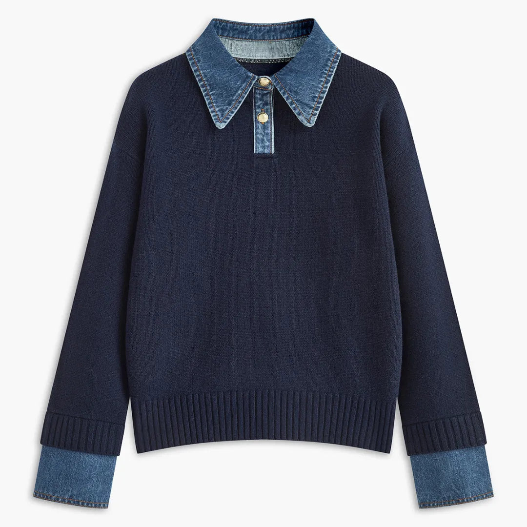 Olivia Collared Button Front Sweater | Denim Collar And Cuff Sweater