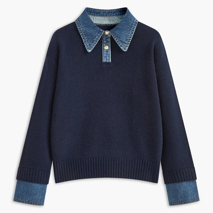 Olivia Collared Button Front Sweater | Denim Collar And Cuff Sweater