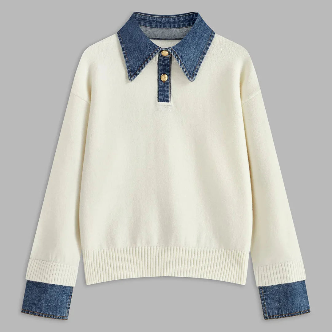 Olivia Collared Button Front Sweater | Denim Collar And Cuff Sweater