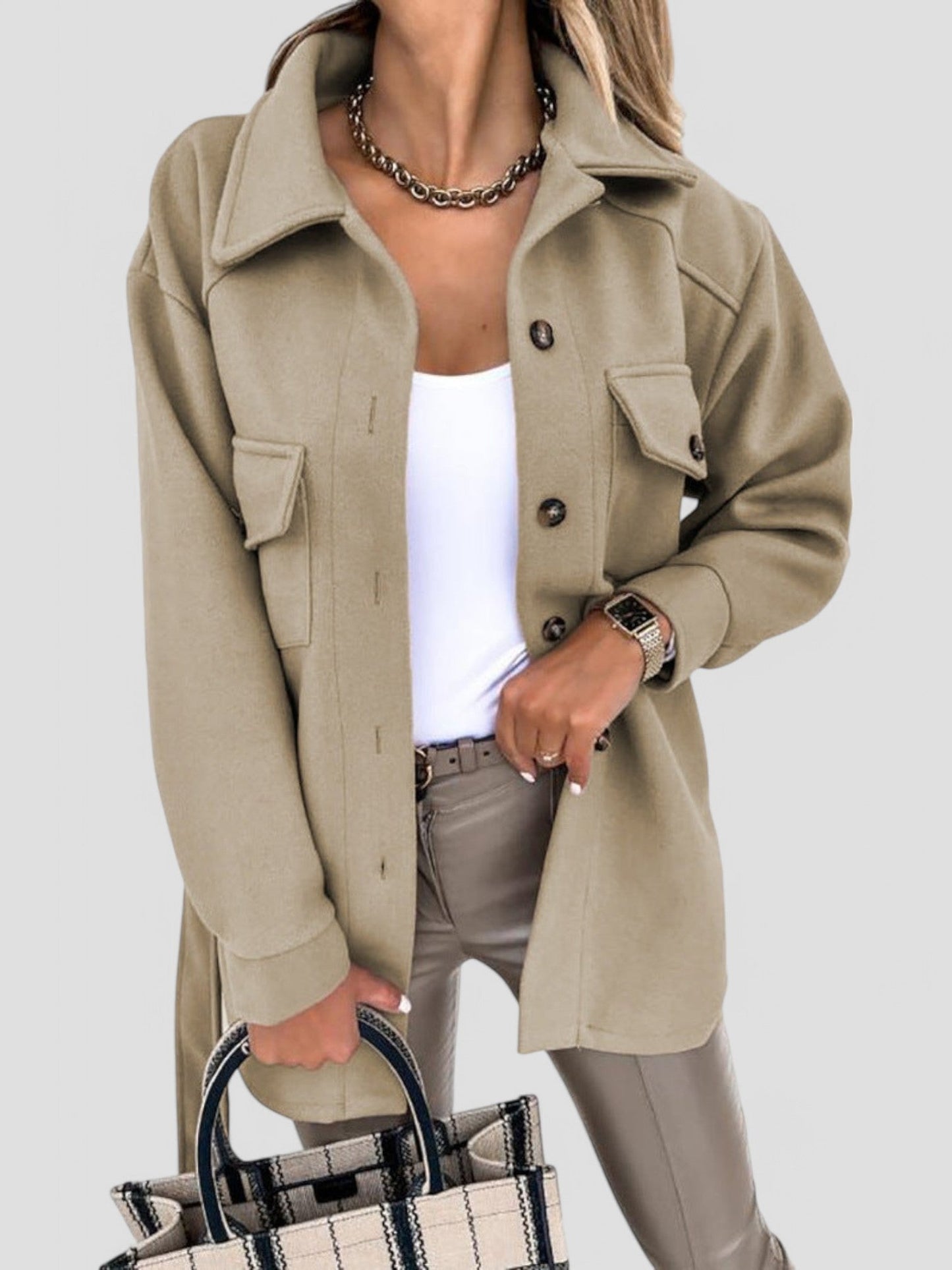 Women’s Jacket – Relaxed Fit – Button-Up – Broad Collar – Woven Fabric – Hip Length