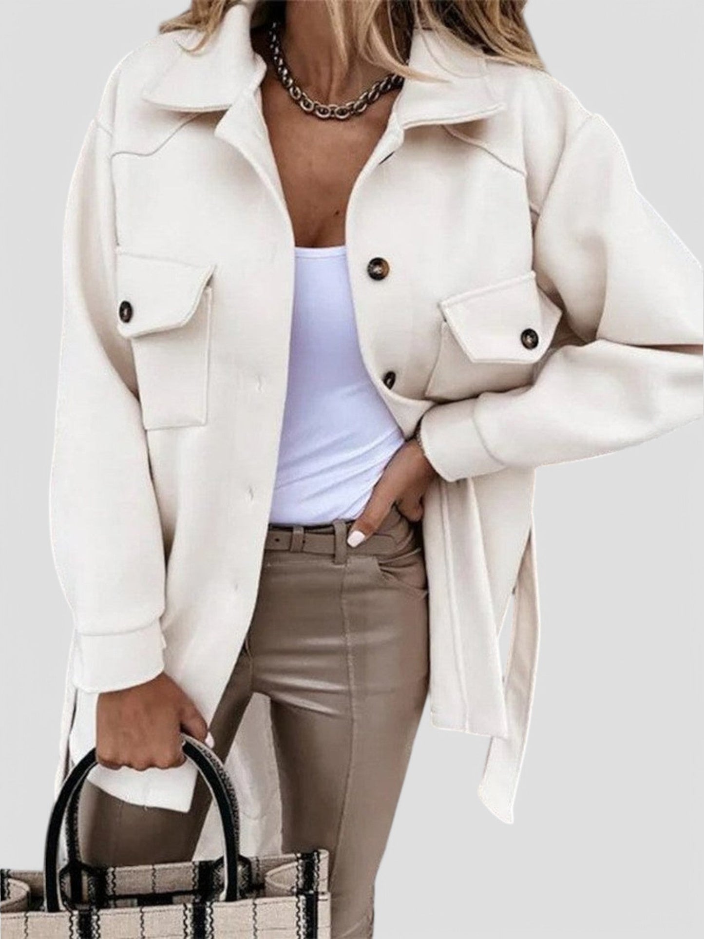 Women’s Jacket – Relaxed Fit – Button-Up – Broad Collar – Woven Fabric – Hip Length