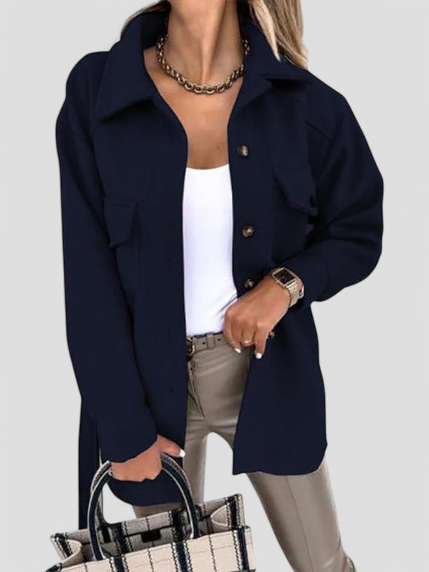 Women’s Jacket – Relaxed Fit – Button-Up – Broad Collar – Woven Fabric – Hip Length