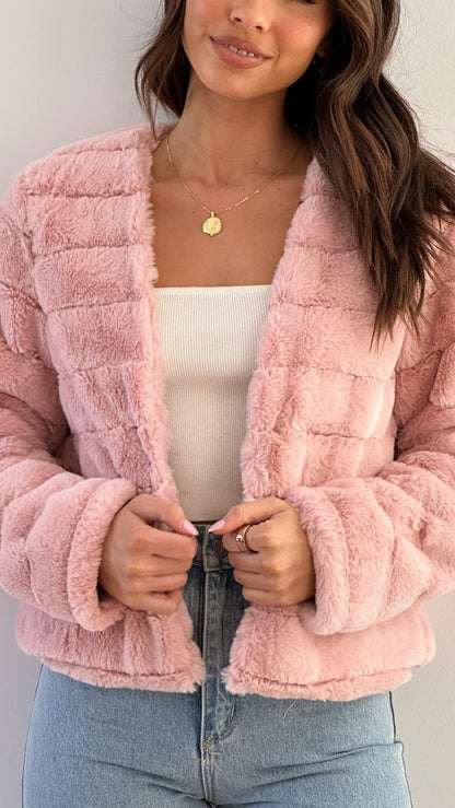 Lydia Quilted Cropped Faux Fur Jacket | Relaxed Fit Open Front Jacket