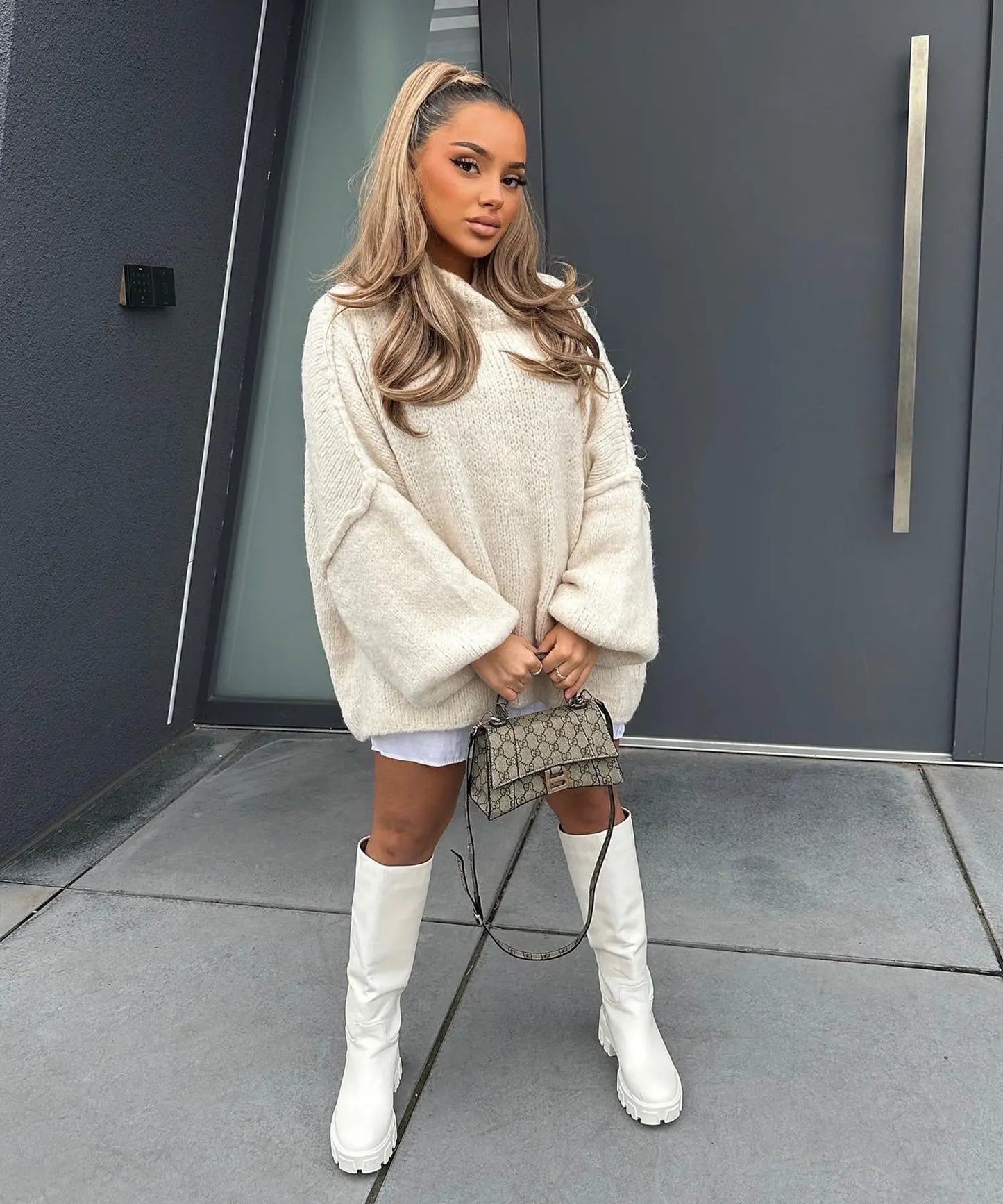 Giulia Oversized Turtleneck Sweater | Balloon Sleeves Tunic Length Sweater