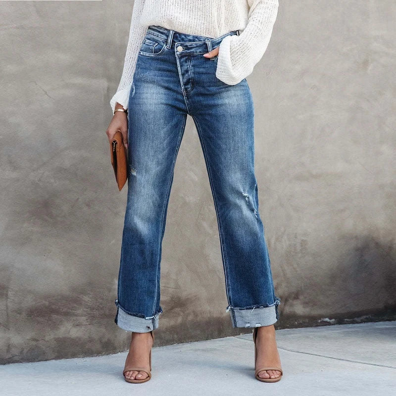 Women’s Jeans – High Rise – Straight Leg – Distressed Denim – Rolled Cuff – Casual Fit