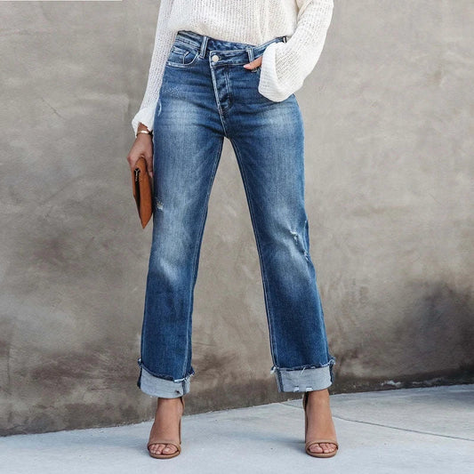 Women’s Jeans – High Rise – Straight Leg – Distressed Denim – Rolled Cuff – Casual Fit