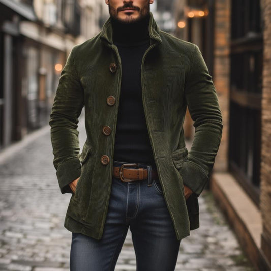Men’s Corduroy Jacket – Tailored Fit – High Collar – Ribbed Texture – Button Front
