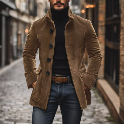 Men’s Corduroy Jacket – Tailored Fit – High Collar – Ribbed Texture – Button Front