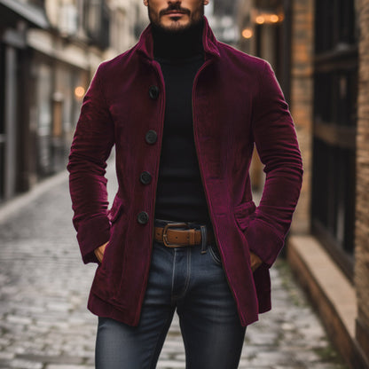 Men’s Corduroy Jacket – Tailored Fit – High Collar – Ribbed Texture – Button Front