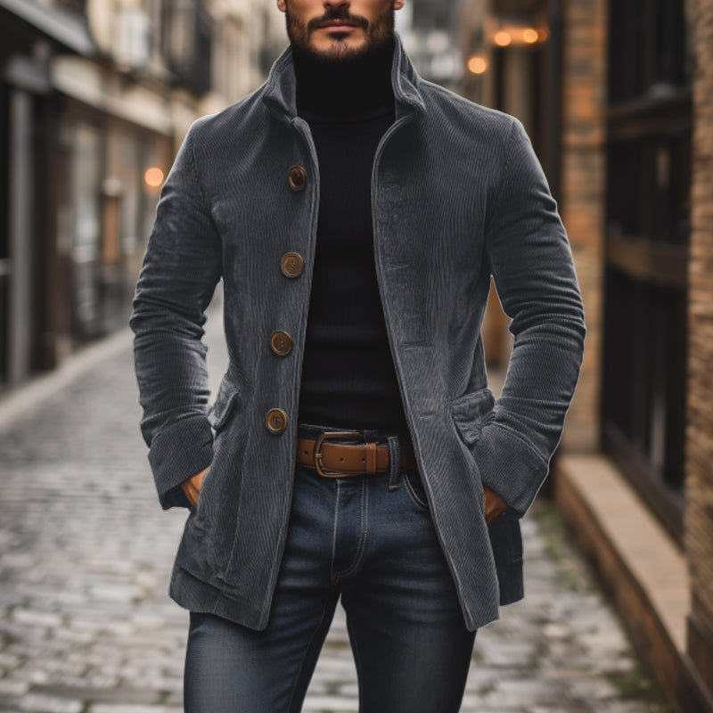 Men’s Corduroy Jacket – Tailored Fit – High Collar – Ribbed Texture – Button Front