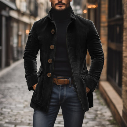 Men’s Corduroy Jacket – Tailored Fit – High Collar – Ribbed Texture – Button Front