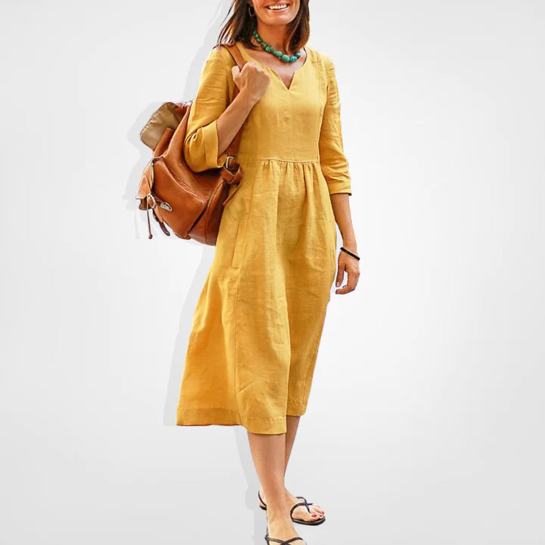 Women's Midi Dress - Lightweight Breathable Fabric - V-Neck - Three-Quarter Sleeves - Relaxed Fit