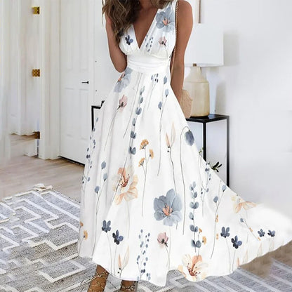 Women’s Maxi Dress – Floral Print – Deep V-Neck – Sleeveless – Relaxed Fit – Breathable Blend