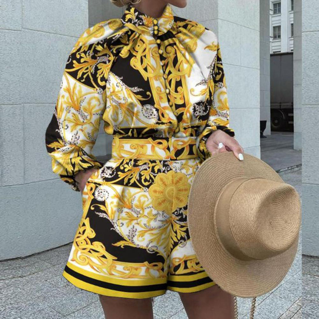 Women’s Romper – Tailored Fit – High Neck – Puff Sleeve – Silk Feel – Baroque Print