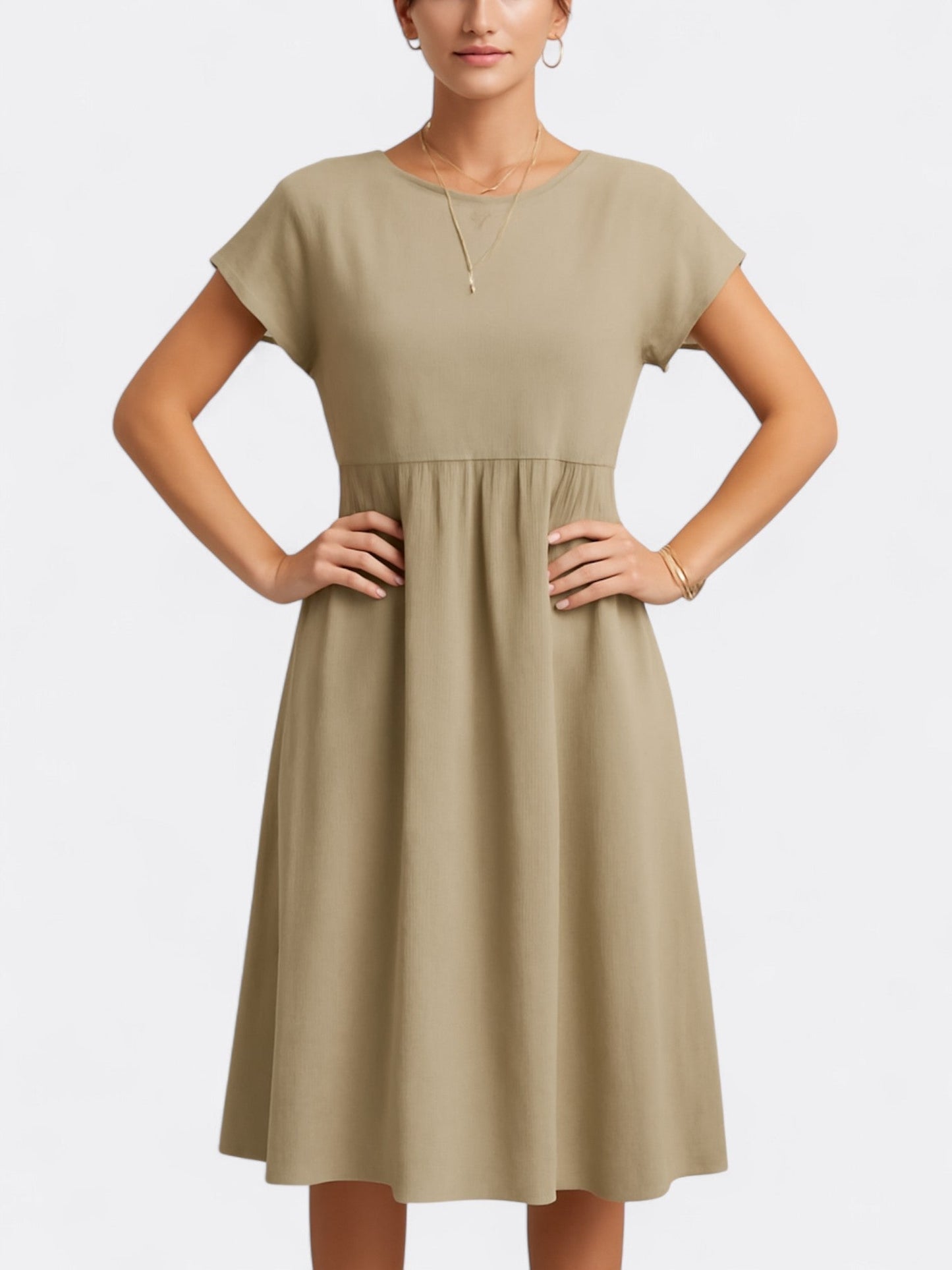Women’s Midi Dress – A-Line Fit – Breathable Blend – Short Sleeve – O Neckline