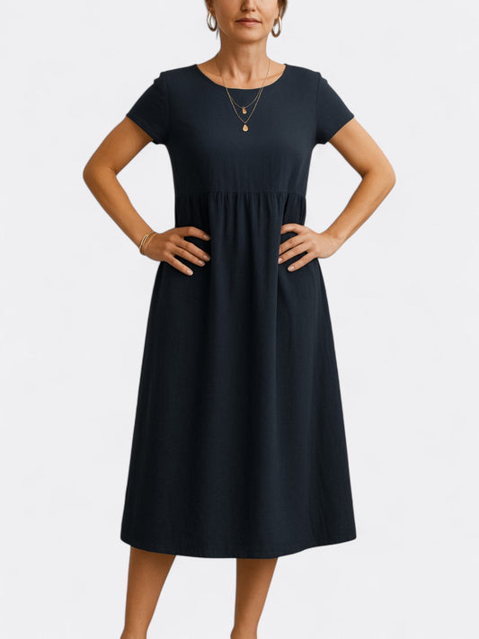 Women’s Midi Dress – A-Line Fit – Breathable Blend – Short Sleeve – O Neckline