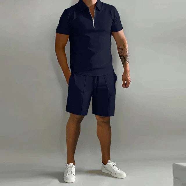 Men's Polo and Shorts Set – Slim Fit Top – Relaxed Shorts – Zipper Collar – Breathable Blend