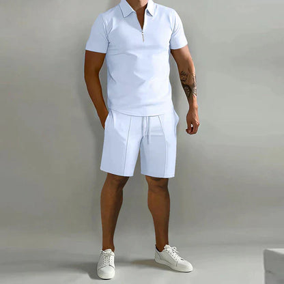 Men's Polo and Shorts Set – Slim Fit Top – Relaxed Shorts – Zipper Collar – Breathable Blend