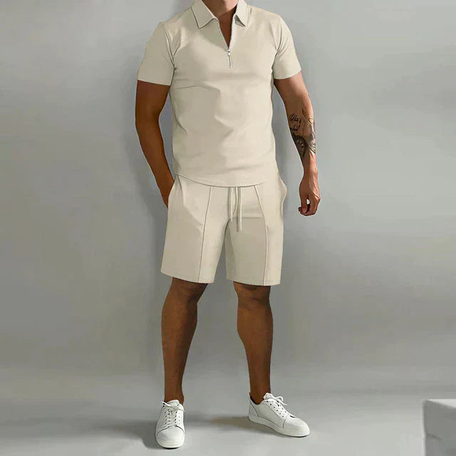 Men's Polo and Shorts Set – Slim Fit Top – Relaxed Shorts – Zipper Collar – Breathable Blend
