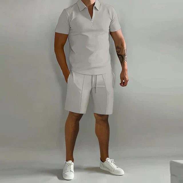 Men's Polo and Shorts Set – Slim Fit Top – Relaxed Shorts – Zipper Collar – Breathable Blend