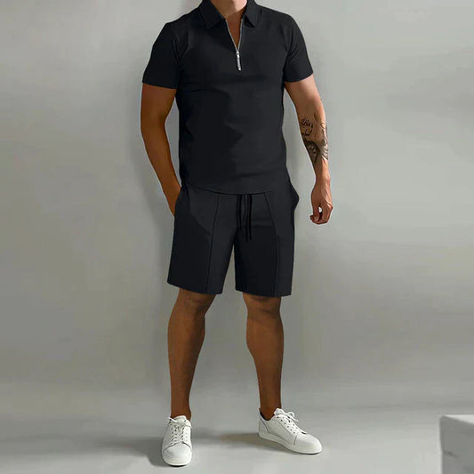 Men's Polo and Shorts Set – Slim Fit Top – Relaxed Shorts – Zipper Collar – Breathable Blend