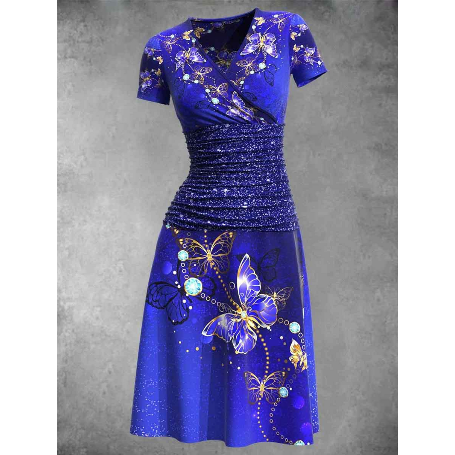 Women's V-Neck Dress - Short Sleeve - Ruched Waist - A-Line Knee-Length - Butterfly Print