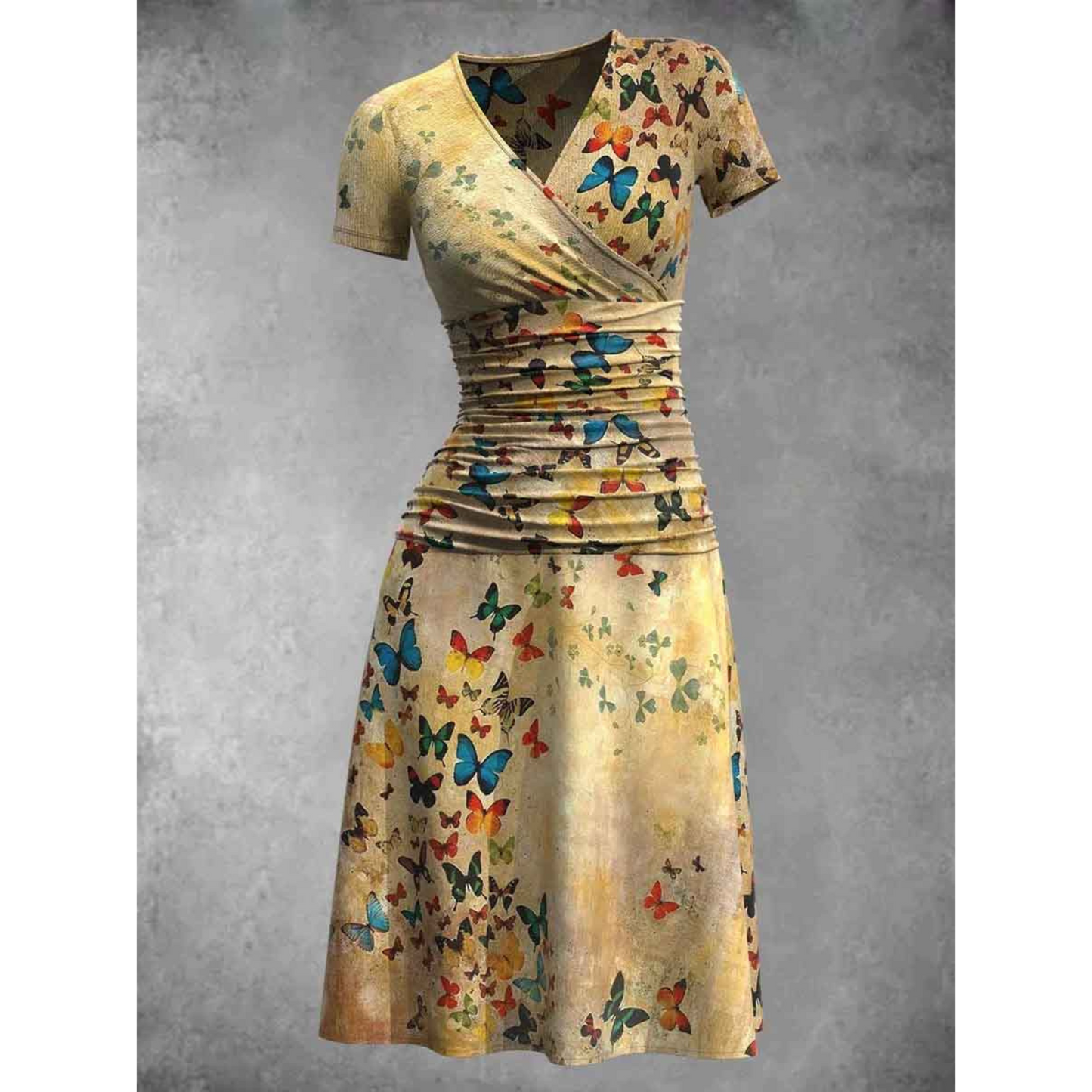 Women's V-Neck Dress - Short Sleeve - Ruched Waist - A-Line Knee-Length - Butterfly Print