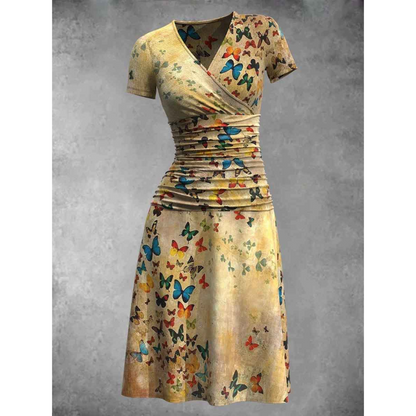 Women's V-Neck Dress - Short Sleeve - Ruched Waist - A-Line Knee-Length - Butterfly Print