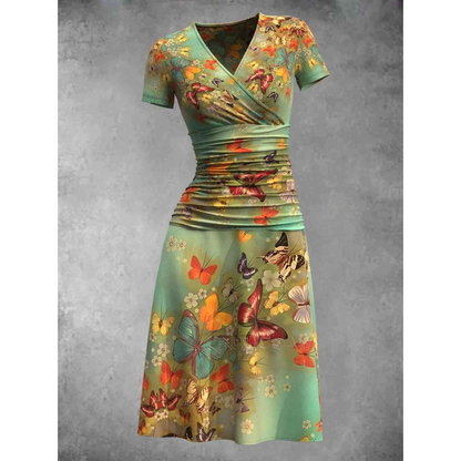 Women's V-Neck Dress - Short Sleeve - Ruched Waist - A-Line Knee-Length - Butterfly Print