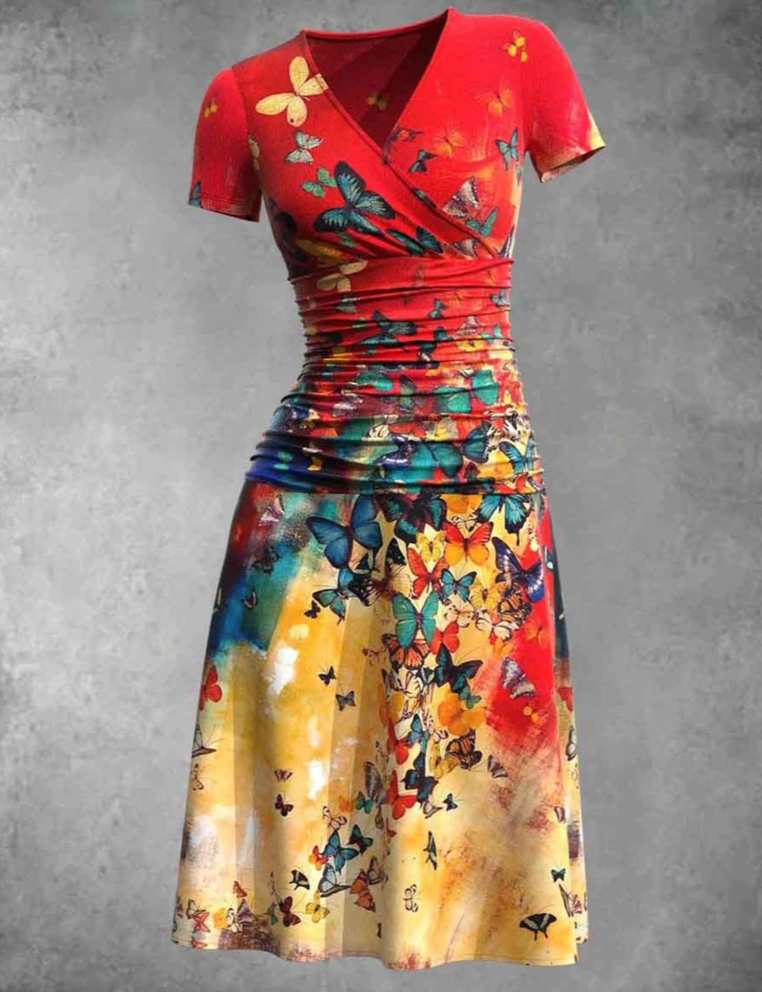 Women's V-Neck Dress - Short Sleeve - Ruched Waist - A-Line Knee-Length - Butterfly Print