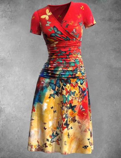 Women's V-Neck Dress - Short Sleeve - Ruched Waist - A-Line Knee-Length - Butterfly Print