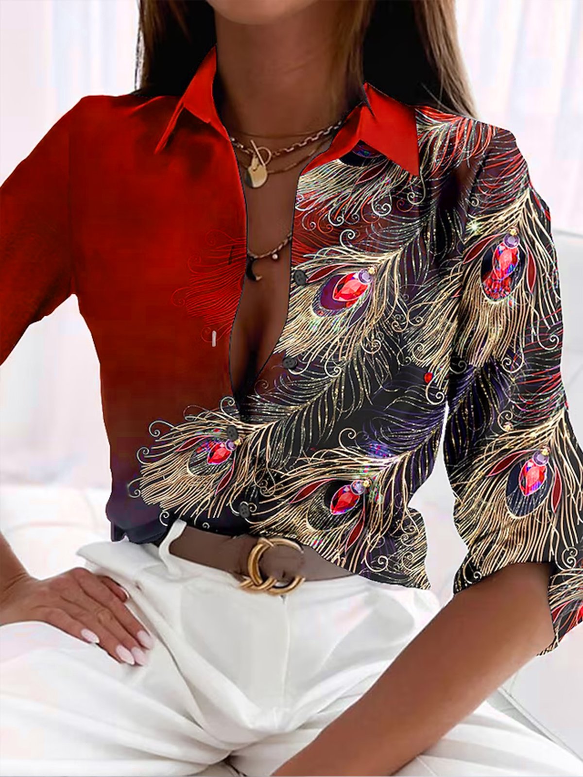 Women’s Blouse – Fitted Silhouette – Silk – Feather Print – Button-Down Style