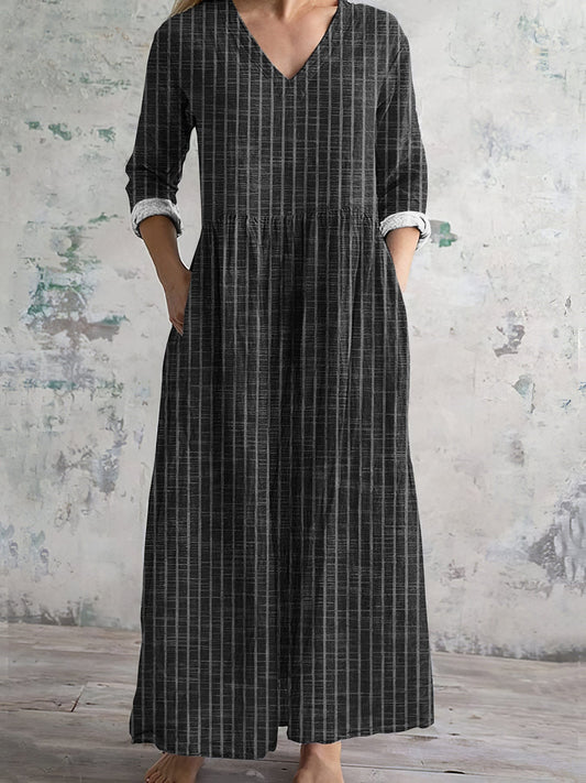 Women’s Maxi Dress – Natural Fibers – Relaxed Fit – V-Neck – Long Sleeve – Striped